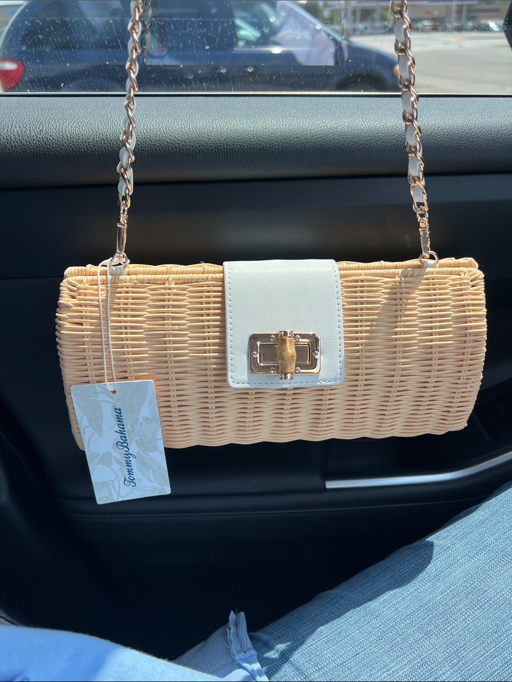 NWT Tommy Bahama Wicker Clutch with Ivory Leather Trim and Gold Hardware